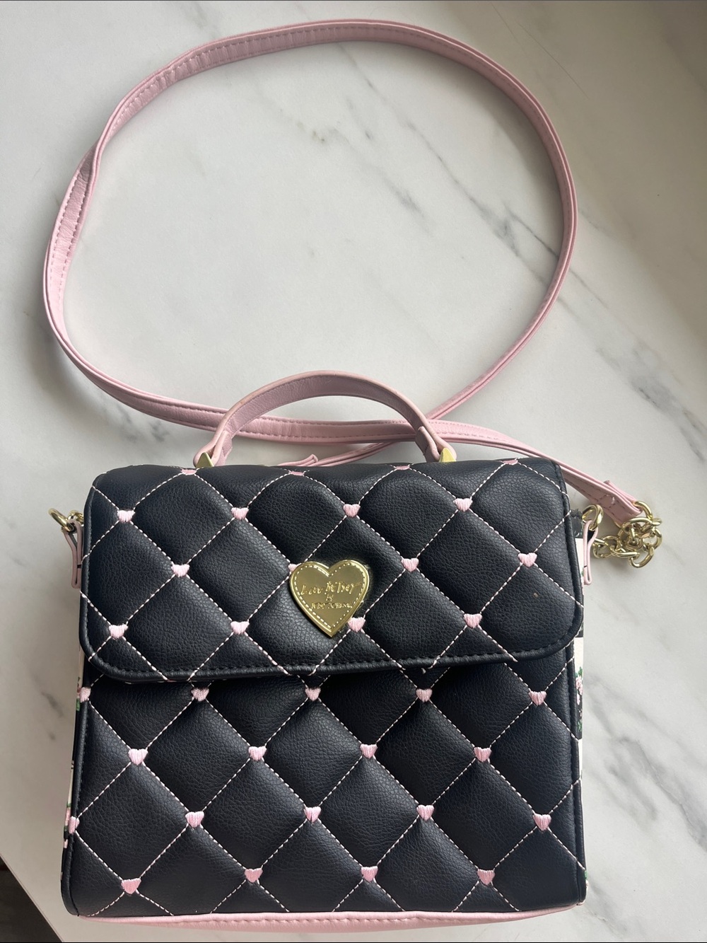 Betsey Johnson Black Mini Quilted Satchel with Pink Trim and Gold Heart